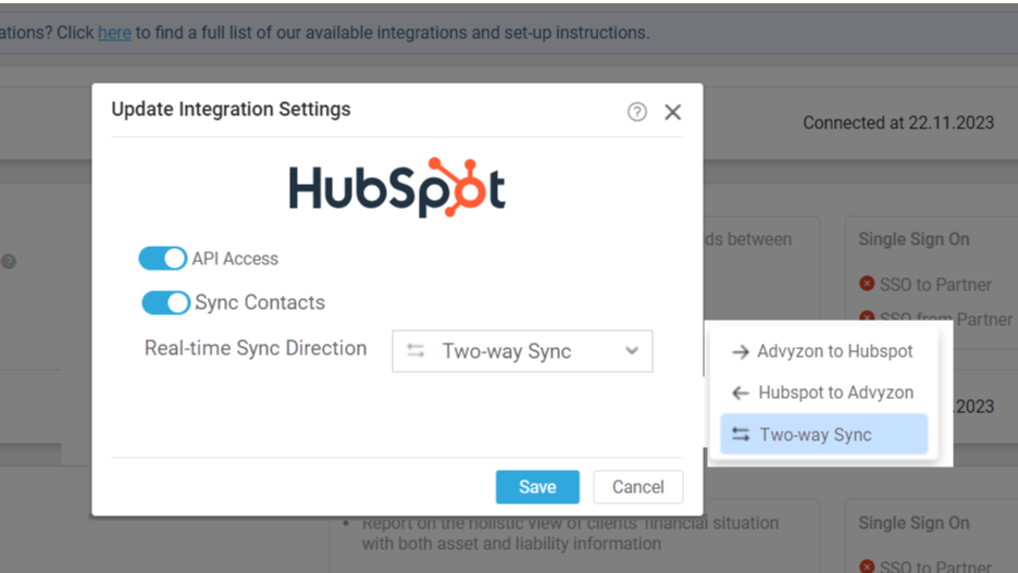 Setup your integration as 2-way or 1-way sync.
